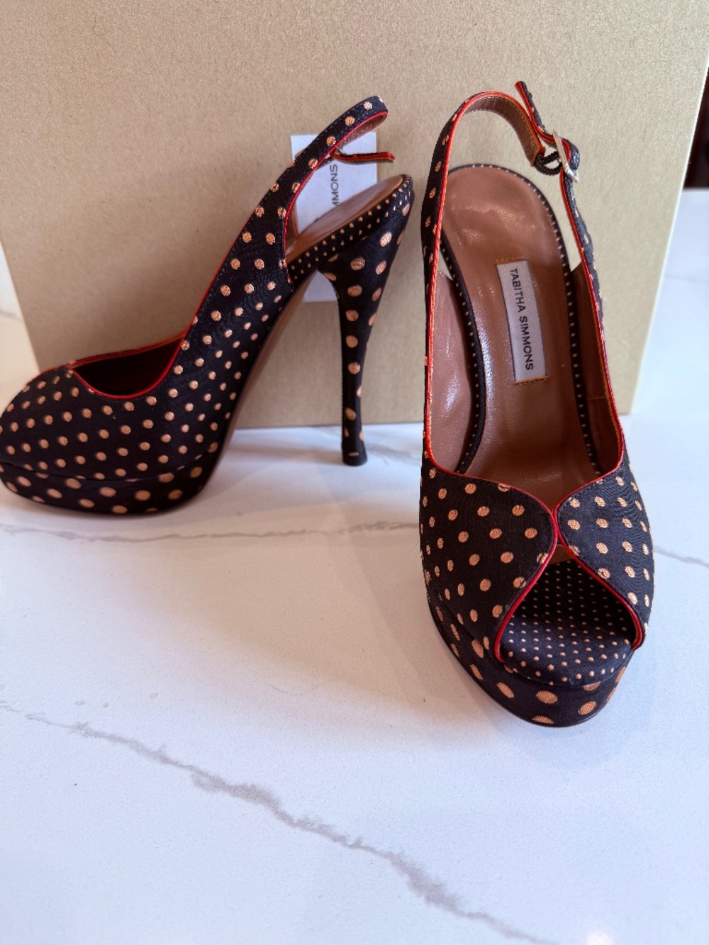 Tabitha Simmons sling back heeled polka dot sandals, size 36.5 in black/salmon